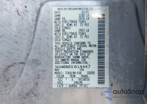 2005 Nissan Xterra S из США, поврежденный, VIN 5N1AN08U05C614447